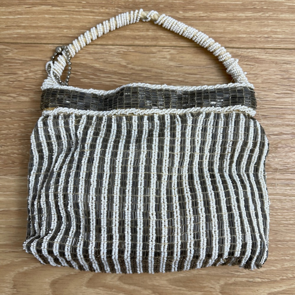 Vintage Made in Czechoslovakia Beaded Mini Bag White Grey Striped Evening Purse